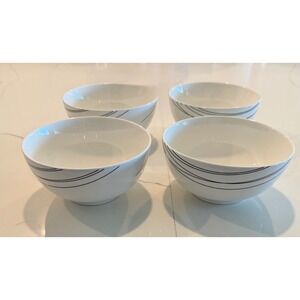 Blue Harbor Collection White Ceramic Bowls Black Linear Design Set of 4 Modern